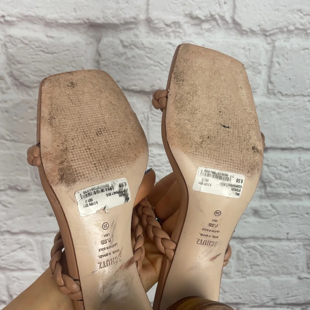 Schutz Tan Nude Braided Block Heel Sandals Size 6.5 - Picture 3 of 5